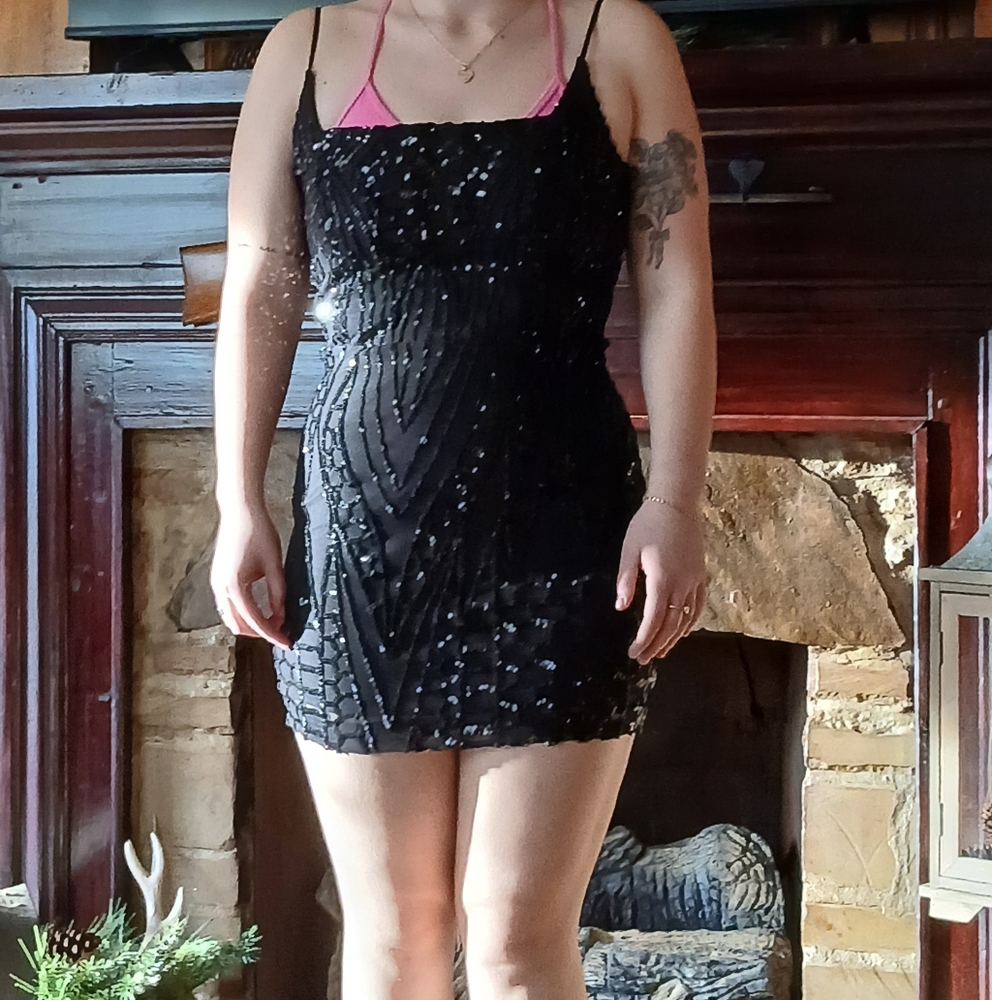 Black Sequin Embellished Mini Dress ,Worn Once